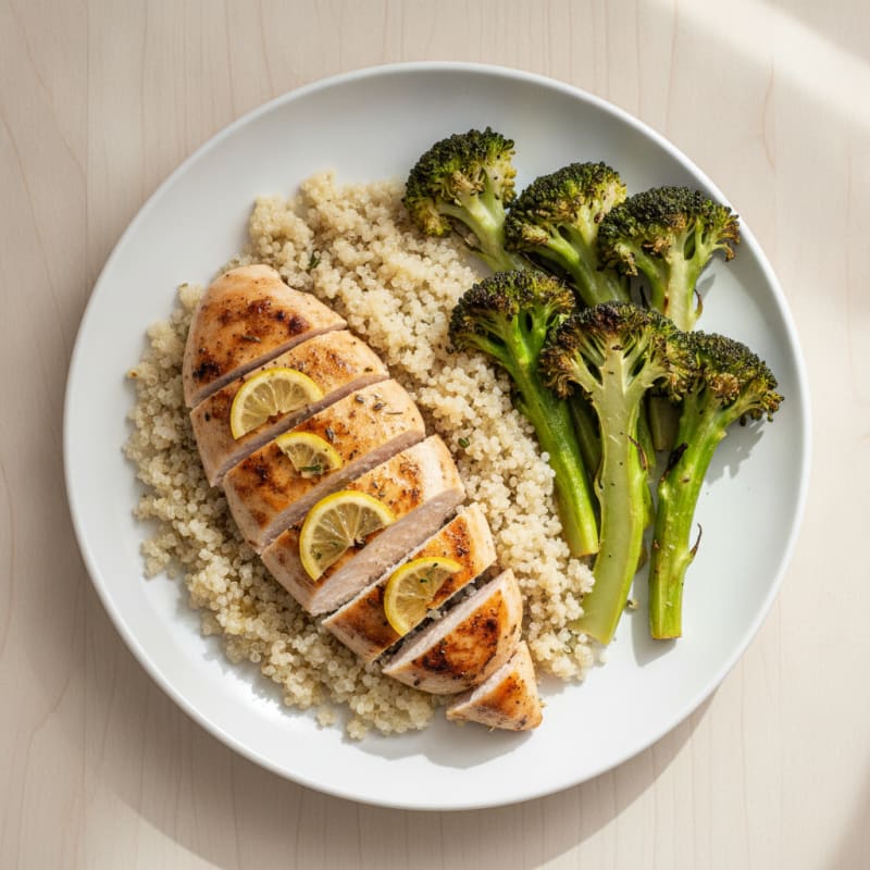 Grilled Chicken Breast with Roasted Broccoli and Quinoa