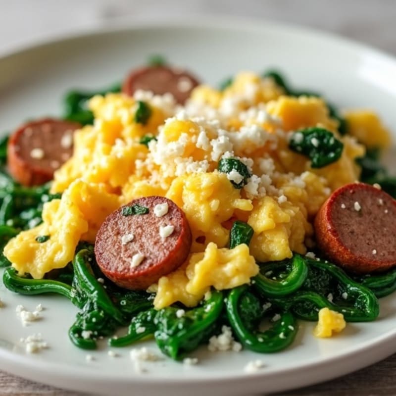 Egg White Scramble with Turkey Sausage and Sautéed Spinach