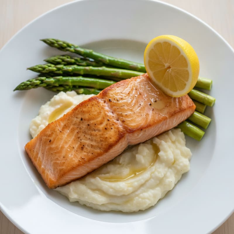 Seared Salmon with Steamed Asparagus and Garlic Mashed Cauliflower