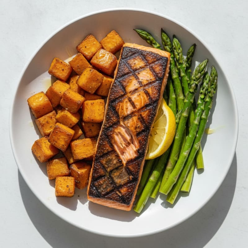 Seared Salmon with Roasted Sweet Potato and Asparagus