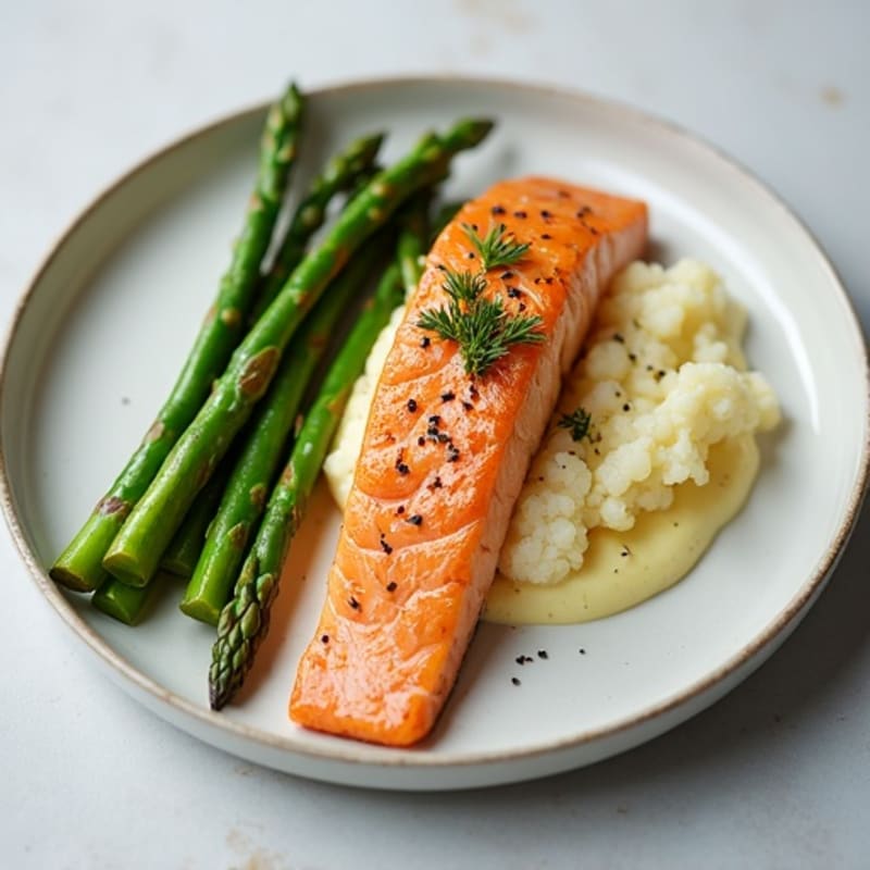 Seared Salmon with Steamed Asparagus and Cauliflower Mash