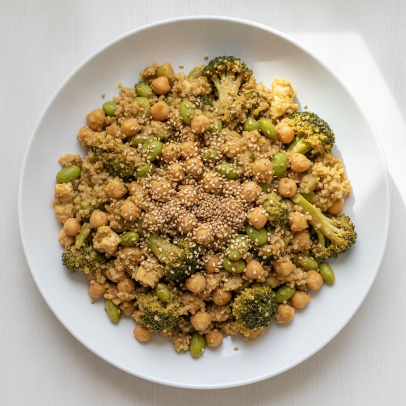 Silky Chickpea and Quinoa Stir Fry with Broccoli and Edamame
