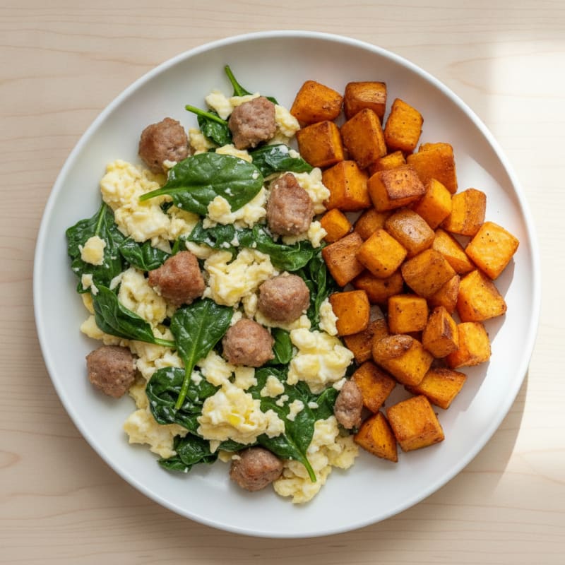Egg White Spinach Scramble with Turkey Sausage and Roasted Sweet Potatoes