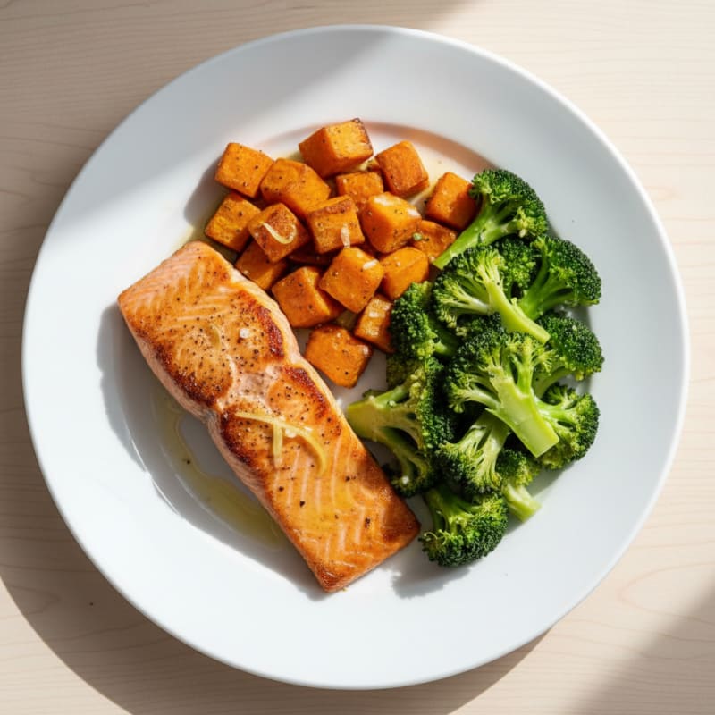 Seared Salmon with Roasted Sweet Potatoes and Steamed Broccoli