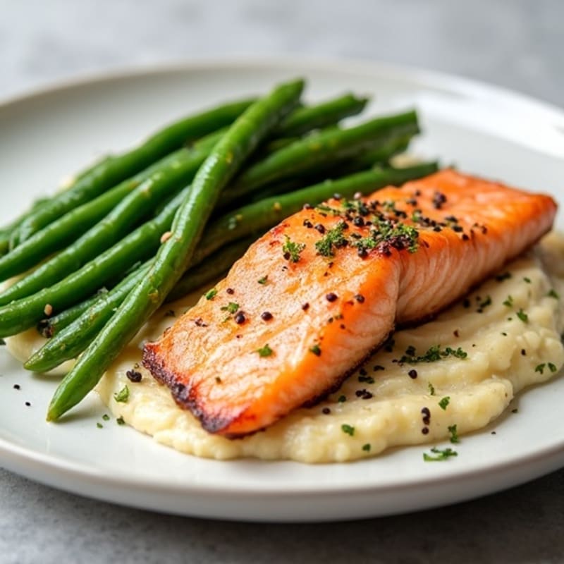 Seared Salmon with Garlic Green Beans and Cauliflower Mash