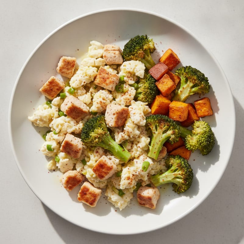 Egg White and Chicken Scramble with Roasted Broccoli