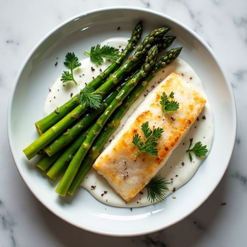 Seared Cod with Roasted Asparagus and Herb Yogurt Sauce