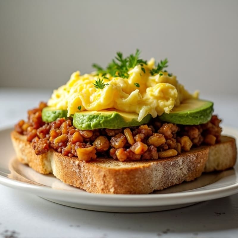 Scrambled Eggs with Smashed Avocado Toast and Beef-Potato Hash