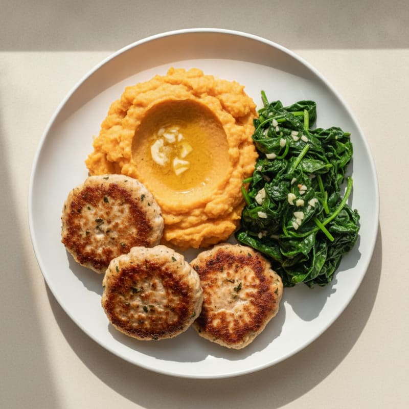 Seared Turkey Patties with Garlic Sautéed Spinach and Sweet Potato Mash