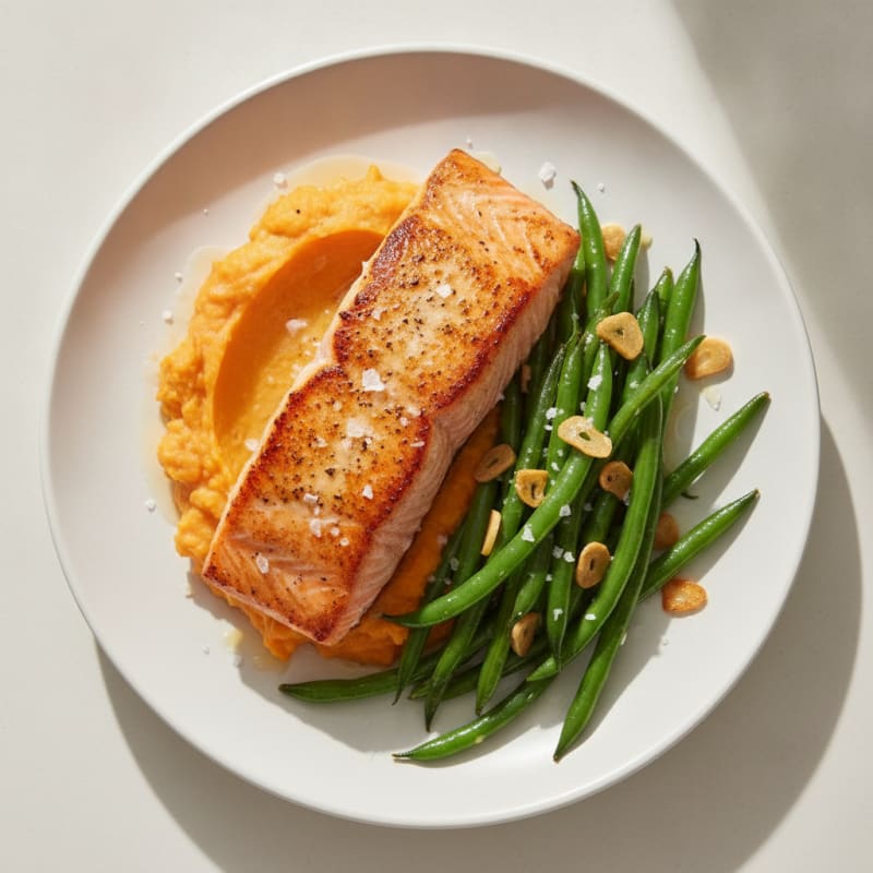 Seared Salmon with Garlic Green Beans and Sweet Potato Mash