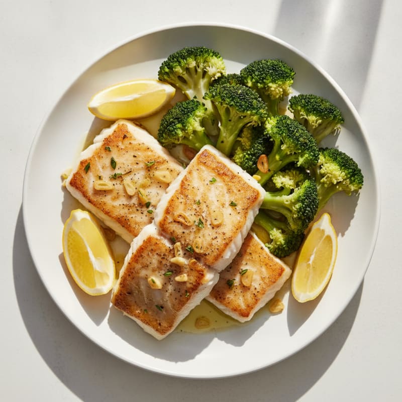 Seared Cod with Steamed Broccoli and Lemon