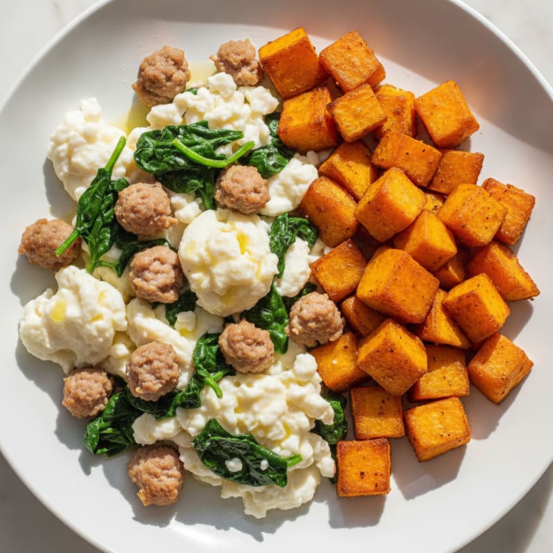 Egg White and Turkey Sausage Scramble with Spinach and Roasted Sweet Potato