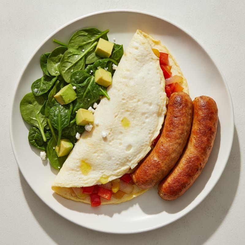 Egg White Veggie Omelet with Sautéed Spinach and Chicken Sausage