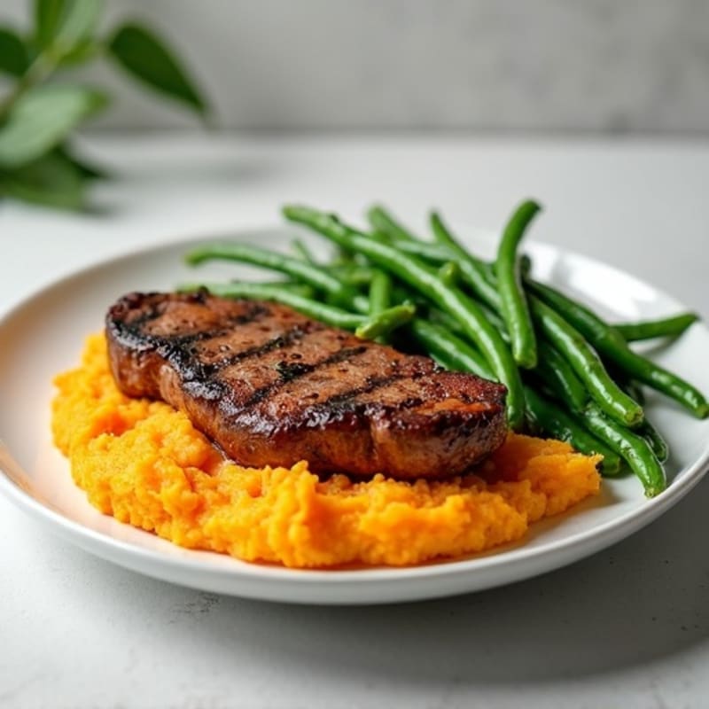 Grilled Sirloin Steak with Steamed Green Beans and Mashed Sweet Potato