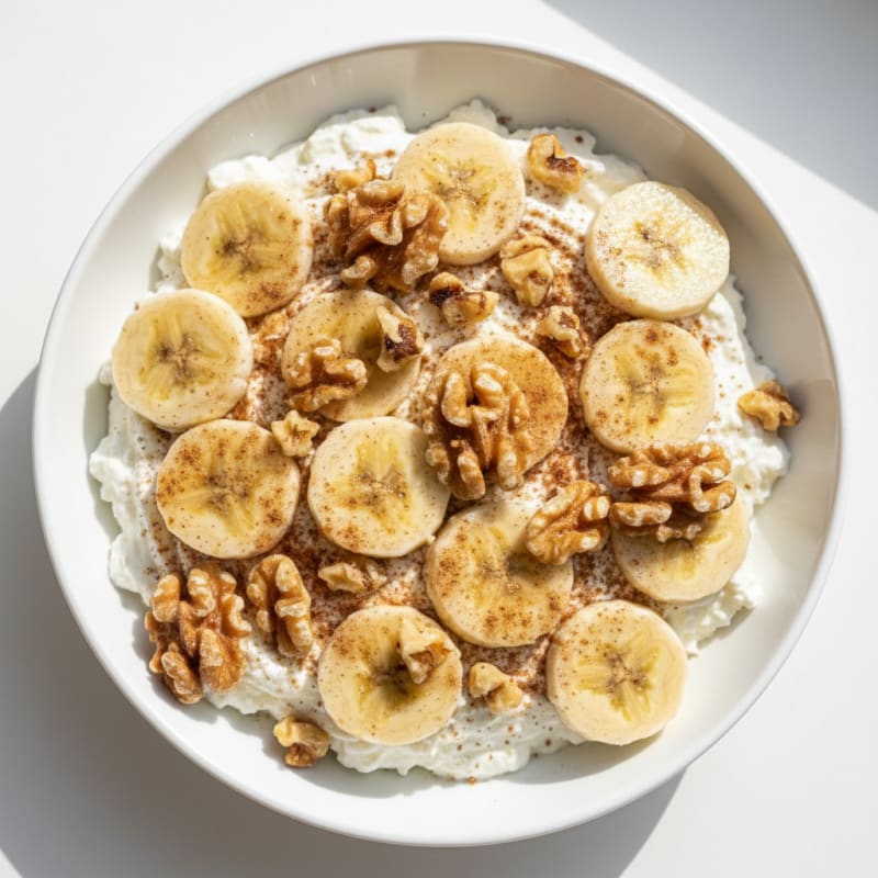 Cottage Cheese Protein Bowl with Sliced Banana and Walnuts