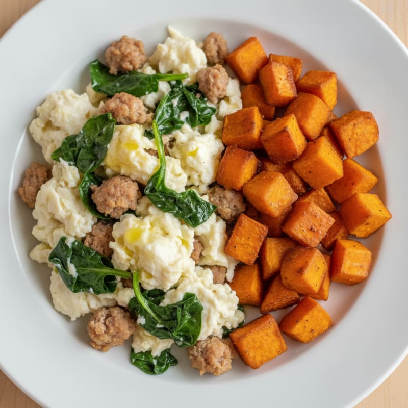 Egg White and Turkey Sausage Scramble with Spinach and Roasted Sweet Potato