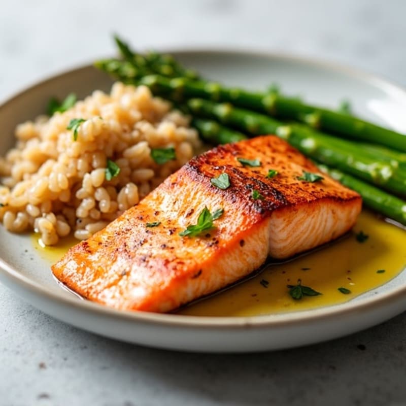 Seared Salmon with Steamed Asparagus and Brown Rice