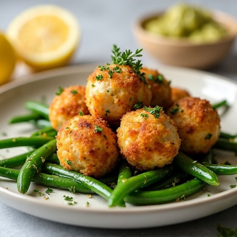 Crispy Lemon-Herb Chicken Meatballs with Roasted Green Beans