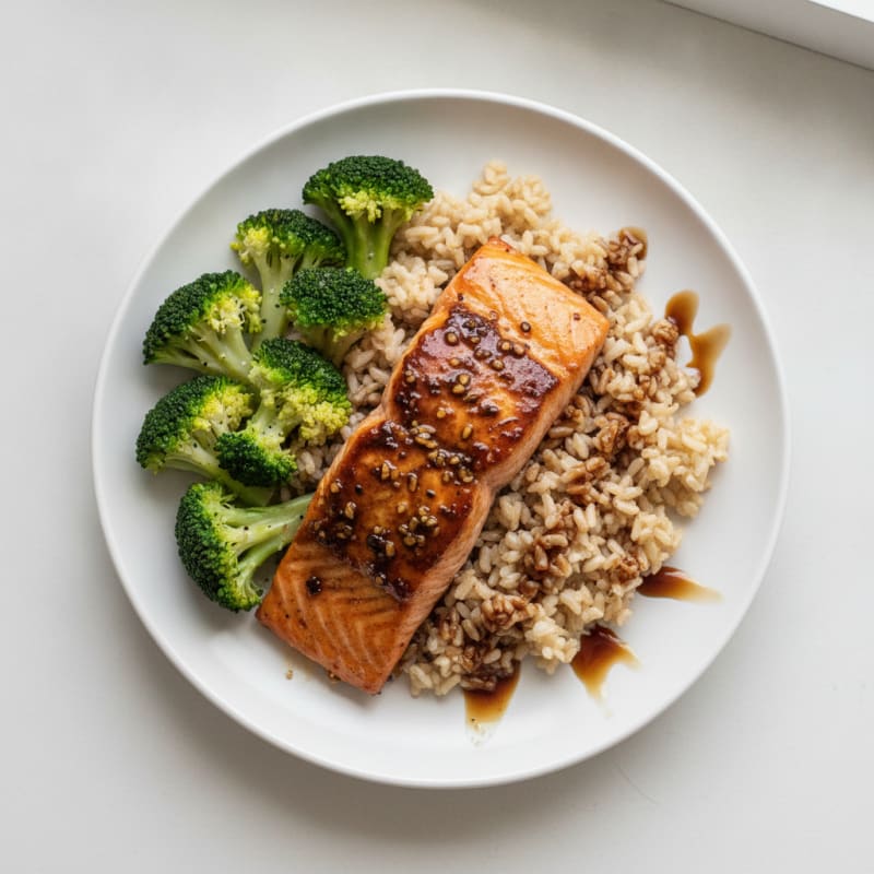 Seared Miso-Glazed Salmon with Steamed Broccoli and Brown Rice