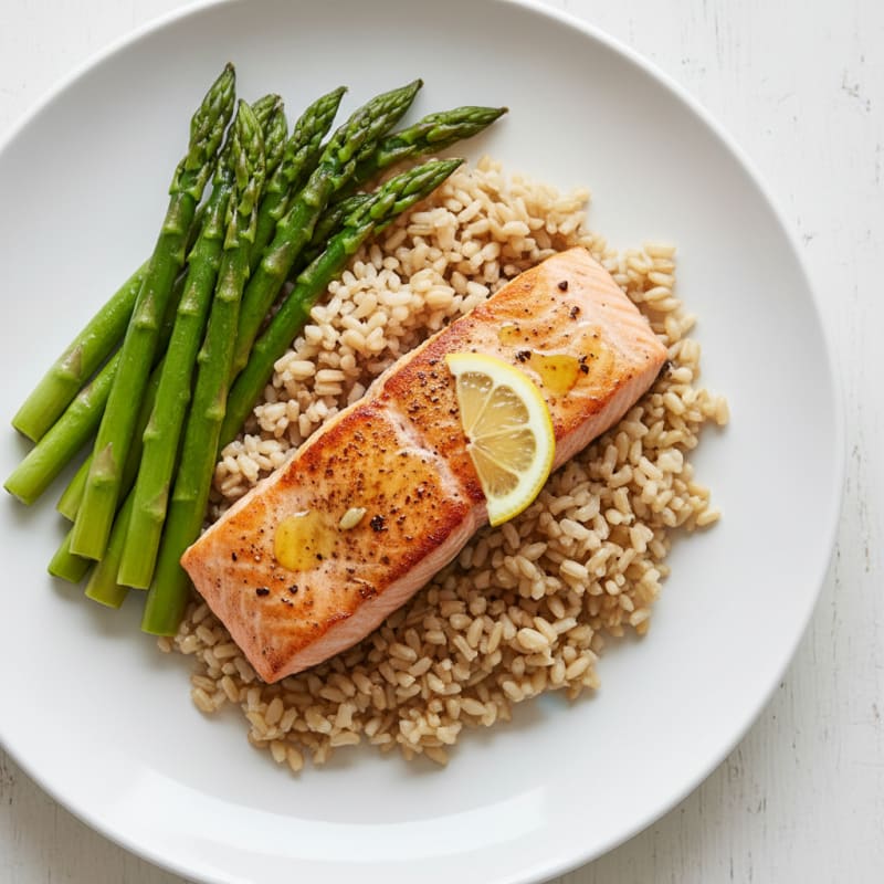 Seared Salmon with Steamed Asparagus and Brown Rice