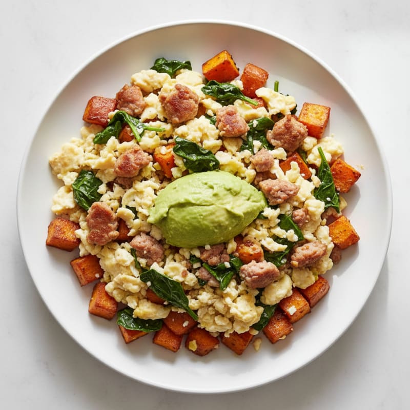 Egg White and Turkey Sausage Scramble with Roasted Sweet Potatoes
