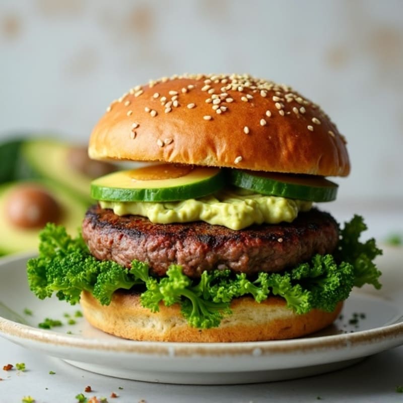 Juicy Lean Beef Burger with Roasted Broccoli and Creamy Avocado