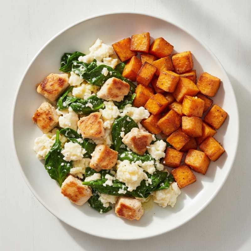 Chicken and Spinach Egg White Scramble with Roasted Sweet Potatoes