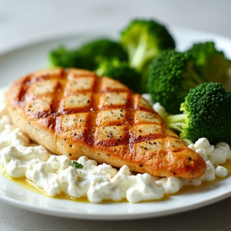 Grilled Chicken Breast with Creamy Cottage Cheese and Roasted Broccoli