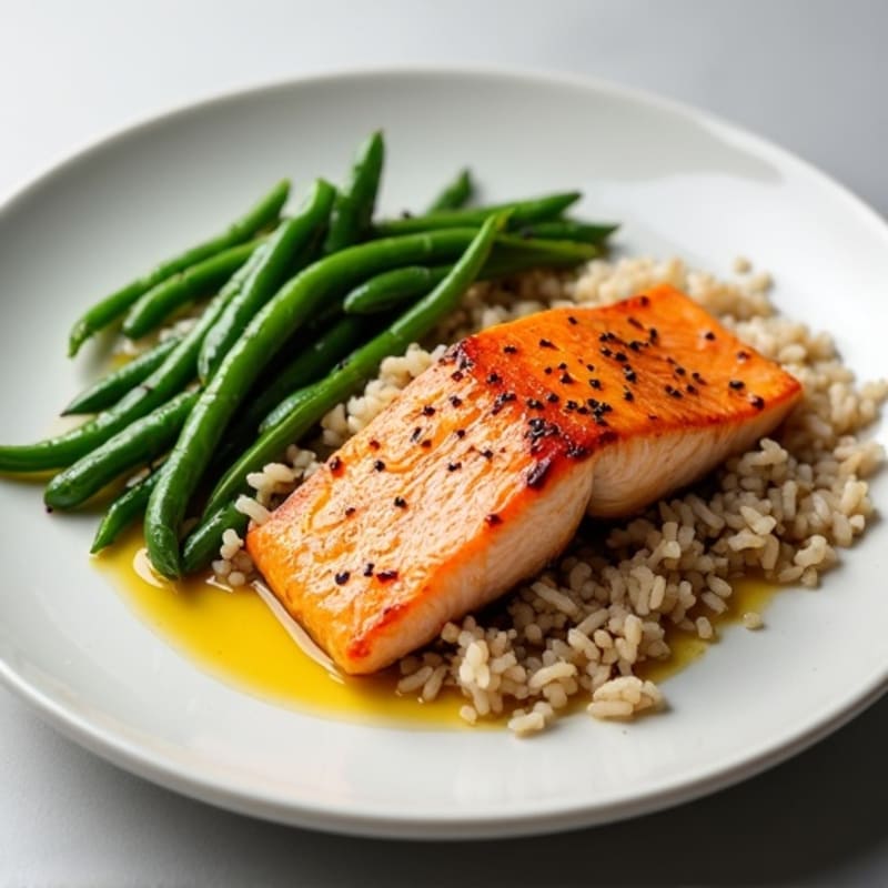 Seared Salmon with Steamed Green Beans and Brown Rice