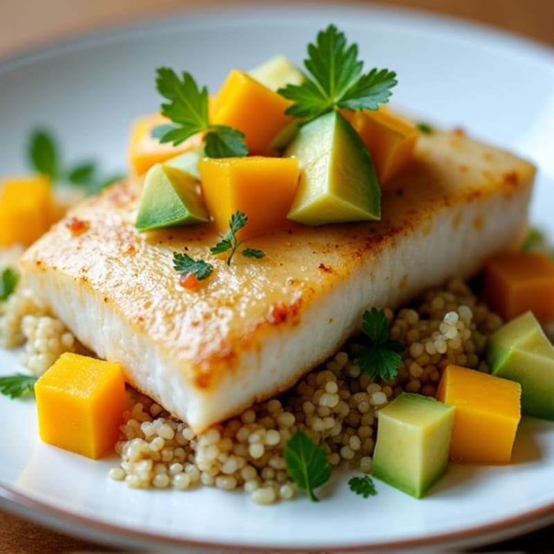 Pan-Seared Halibut with Vibrant Mango Avocado Salsa and Fluffy Quinoa