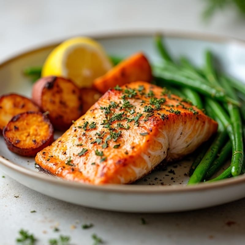 Lemon Herb Roasted Salmon with Crispy Roasted Sweet Potatoes and Green Beans