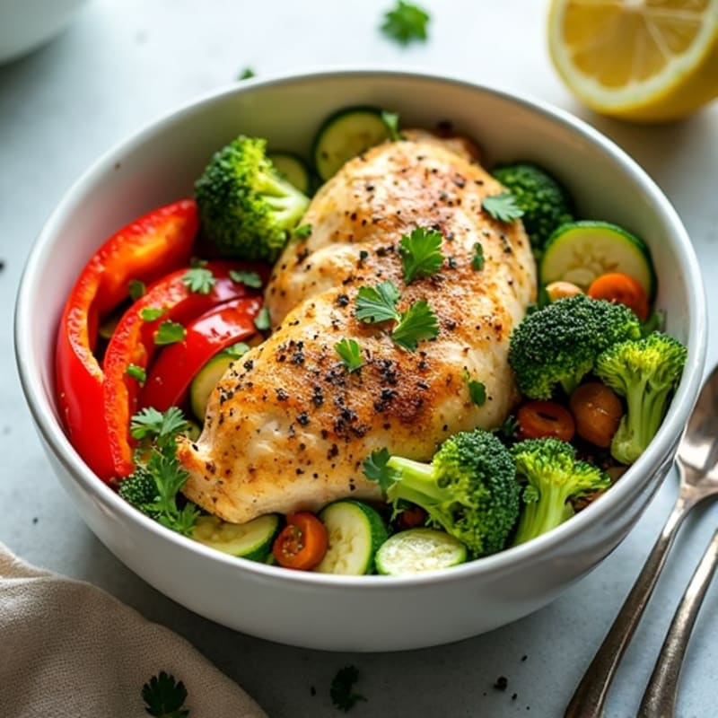 Fresh Herb-Roasted Chicken and Vegetable Bowl with Lemon Tahini Drizzle