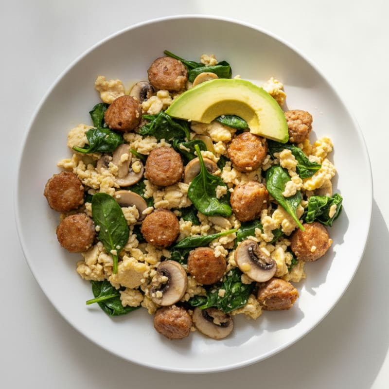 Egg White and Turkey Sausage Scramble with Spinach and Mushrooms
