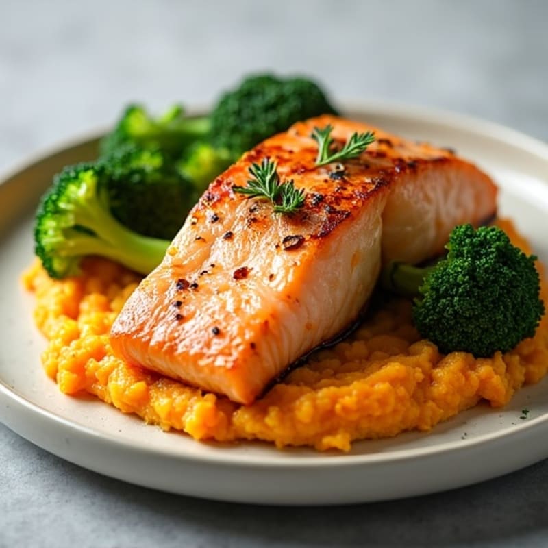 Seared Salmon with Steamed Broccoli and Sweet Potato Mash