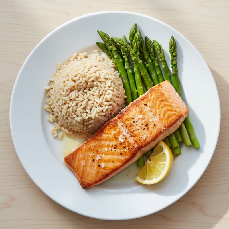 Seared Salmon with Steamed Asparagus and Brown Rice