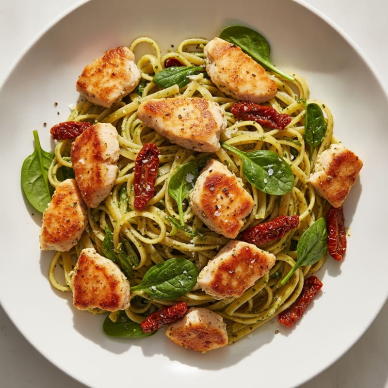 Pesto Chicken Linguine with Sun-Dried Tomatoes