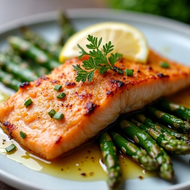 Crispy Pan-Seared Salmon with Roasted Lemon Asparagus