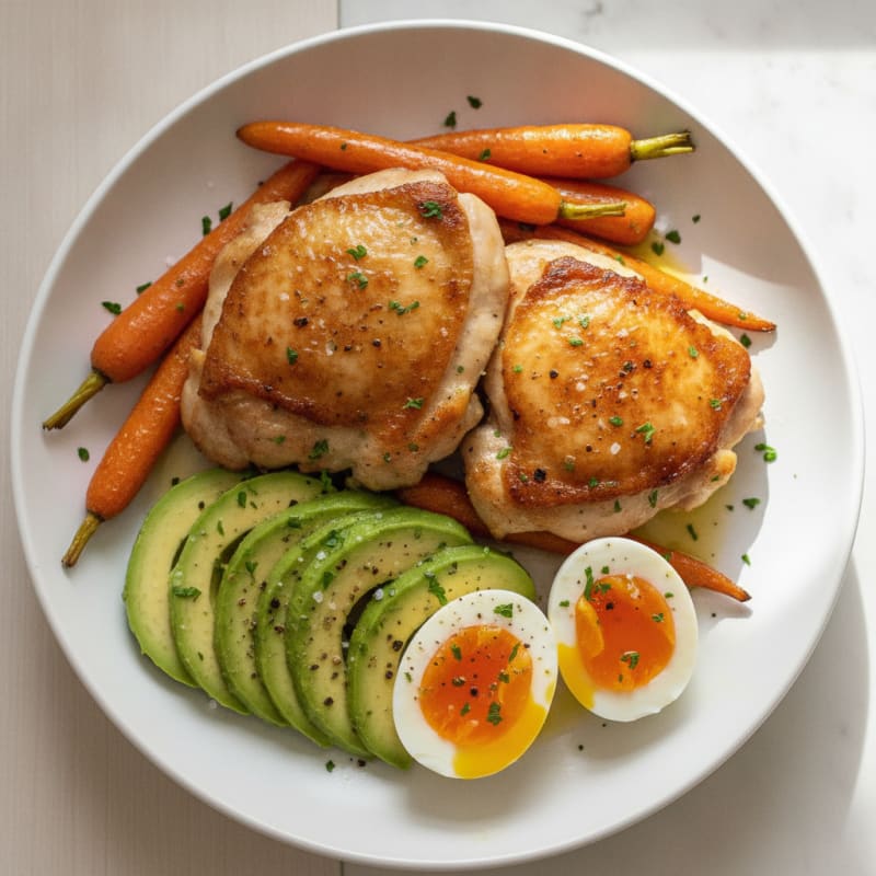 Pan-Seared Chicken Thighs with Roasted Carrots and Jammy Egg