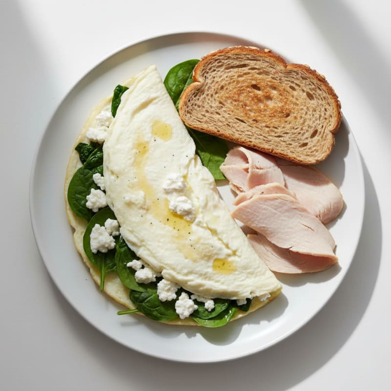 Egg White Spinach Omelet with Cottage Cheese and Sliced Turkey