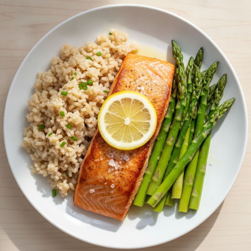 Seared Salmon with Steamed Asparagus and Brown Rice