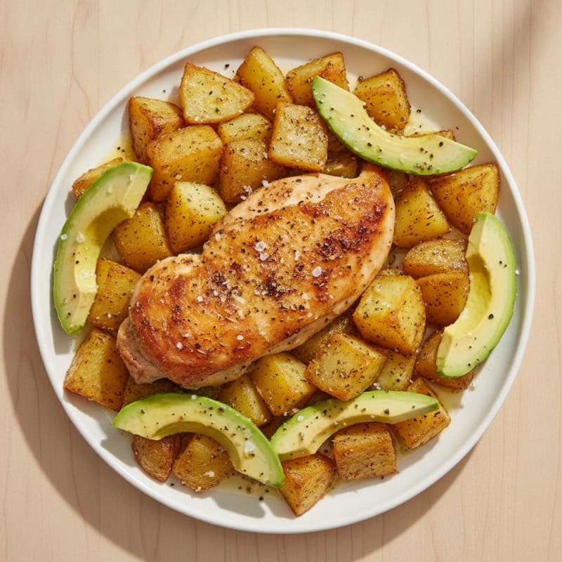 Lemon-Herb Roasted Chicken and Potatoes with Creamy Avocado