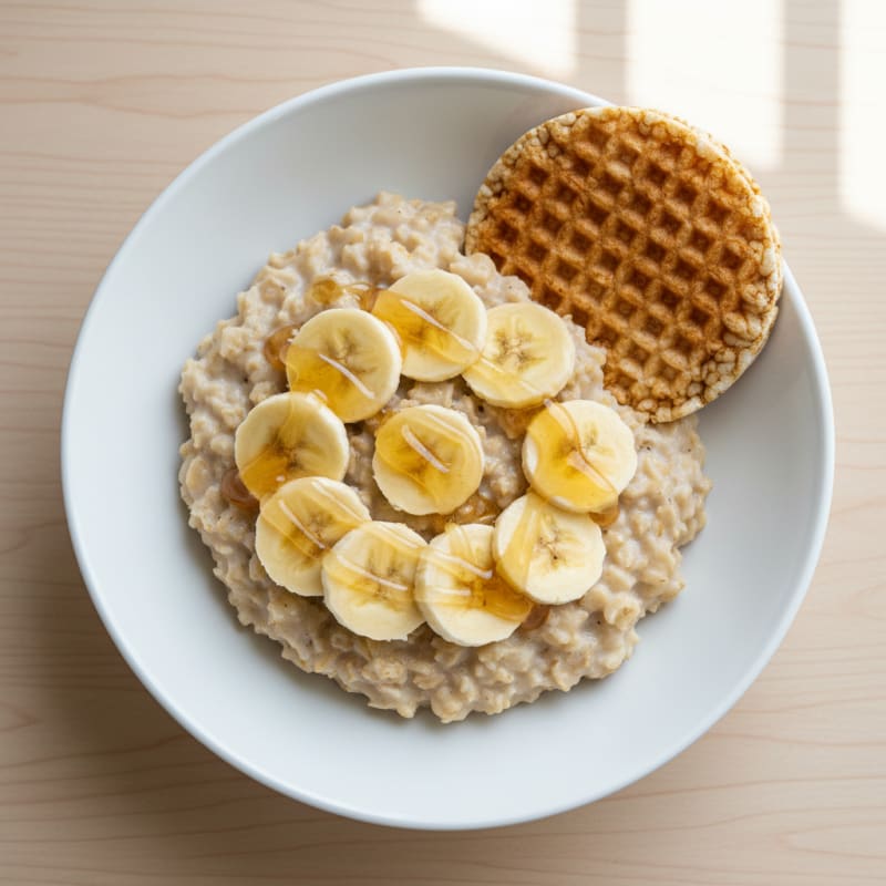 Creamy Banana Protein Oats with Honey and Rice Waffle
