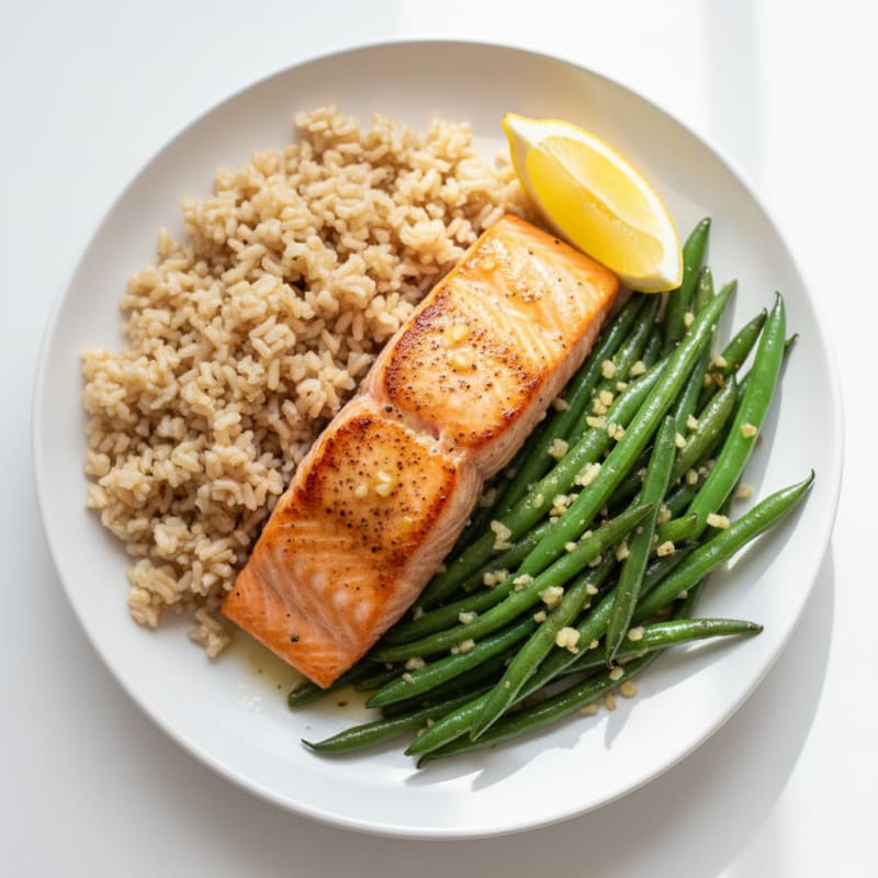 Seared Salmon with Garlic Green Beans and Brown Rice
