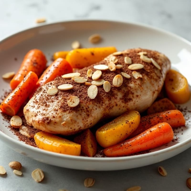 Sheet Pan Cocoa-Dusted Chicken with Roasted Root Vegetables and Toasted Almonds