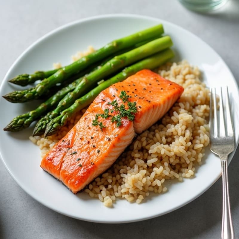 Seared Salmon with Steamed Asparagus and Brown Rice