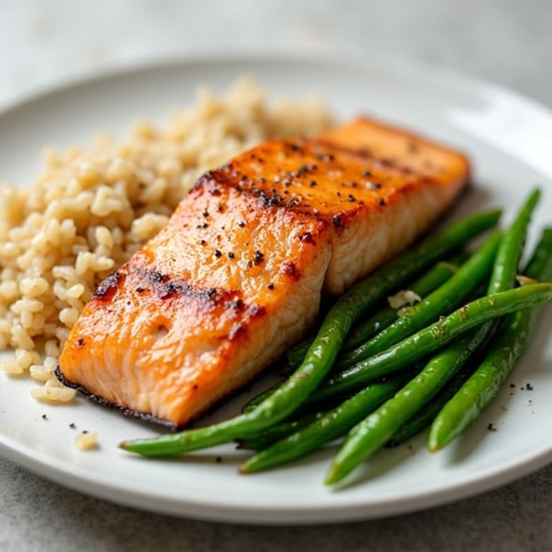 Seared Salmon with Garlic Green Beans and Brown Rice