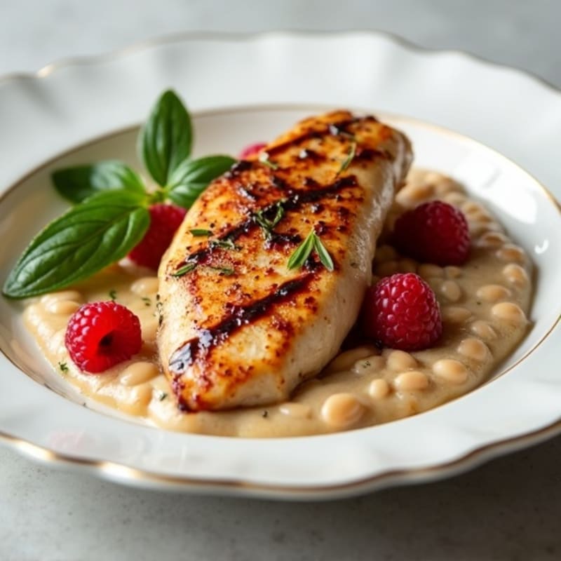 Pan-Seared Chicken with Creamy White Bean Puree and Raspberry-Balsamic Glaze