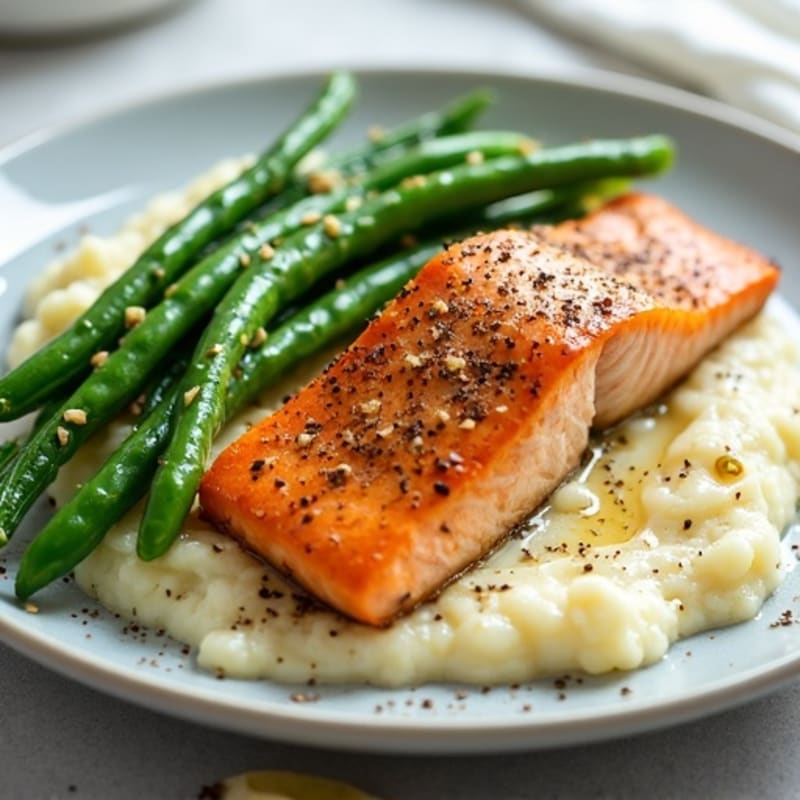 Seared Salmon with Garlic Green Beans and Cauliflower Mash