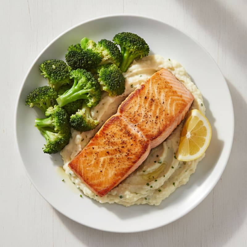Seared Salmon with Steamed Broccoli and Garlic Cauliflower Mash