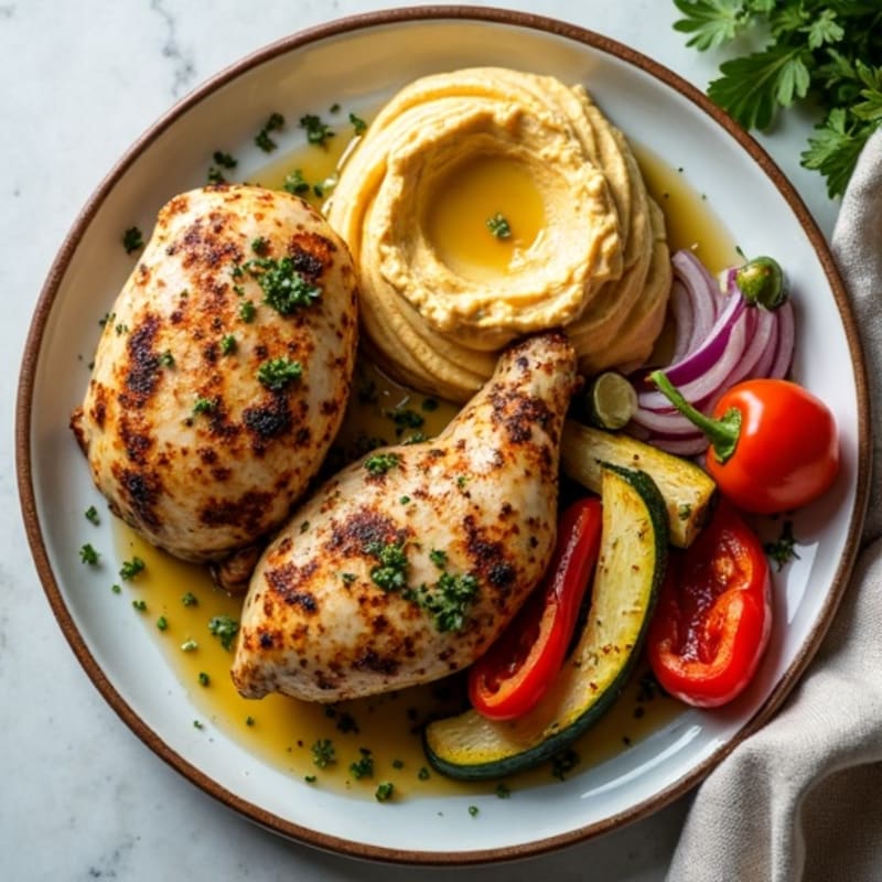 Herb-Roasted Chicken with Crispy Roasted Vegetables and Creamy Hummus